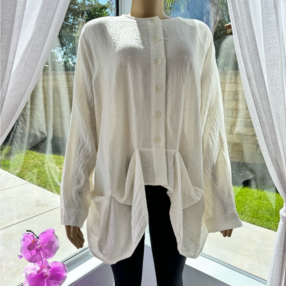 Kedem Sasson Langelook White Linen One Size Top Tunic Blouse Off White EUC - Picture 2 of 11